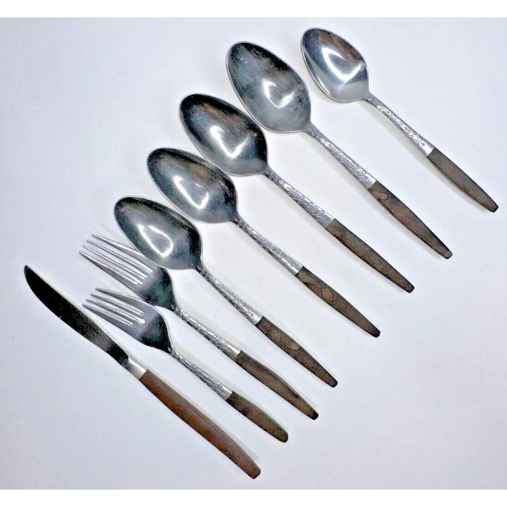 Interpur Canoe Wood handle Etched MCM Stainless Flatware 8 PC Fork Spoon Knife‎